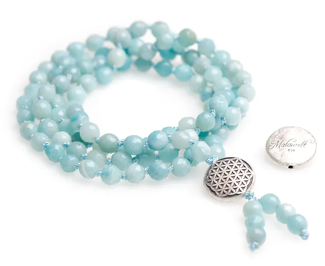 yogistar-mala-kette-aus-amazonit-mit-blume-des-lebens-silber-108-perlen image 1