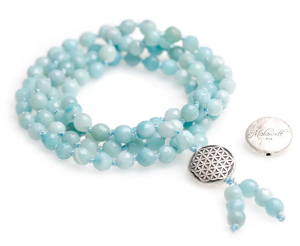 yogistar-mala-kette-aus-amazonit-mit-blume-des-lebens-silber-108-perlen image 1